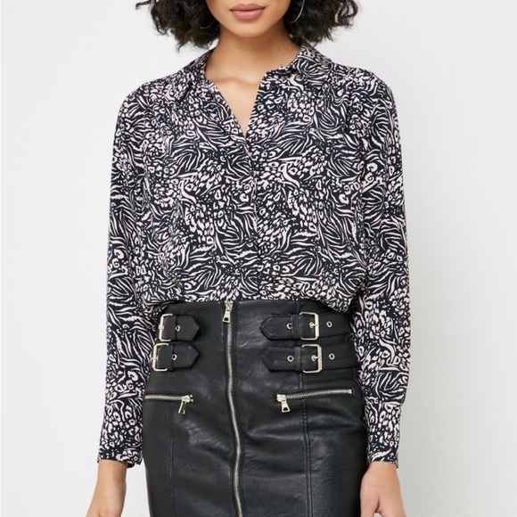 Topshop Brand Animal Print Shirt lightweight button up blouse SZ 6 black/white - Picture 1 of 11